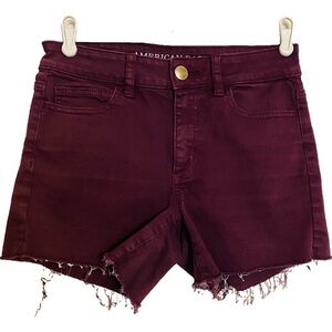 American Eagle Super Stretch Burgundy Denim Jean Shorts Hi-Rise Shortie Size 4